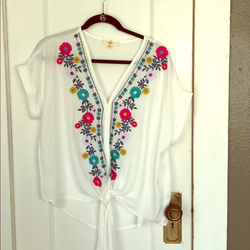 White tie front blouse